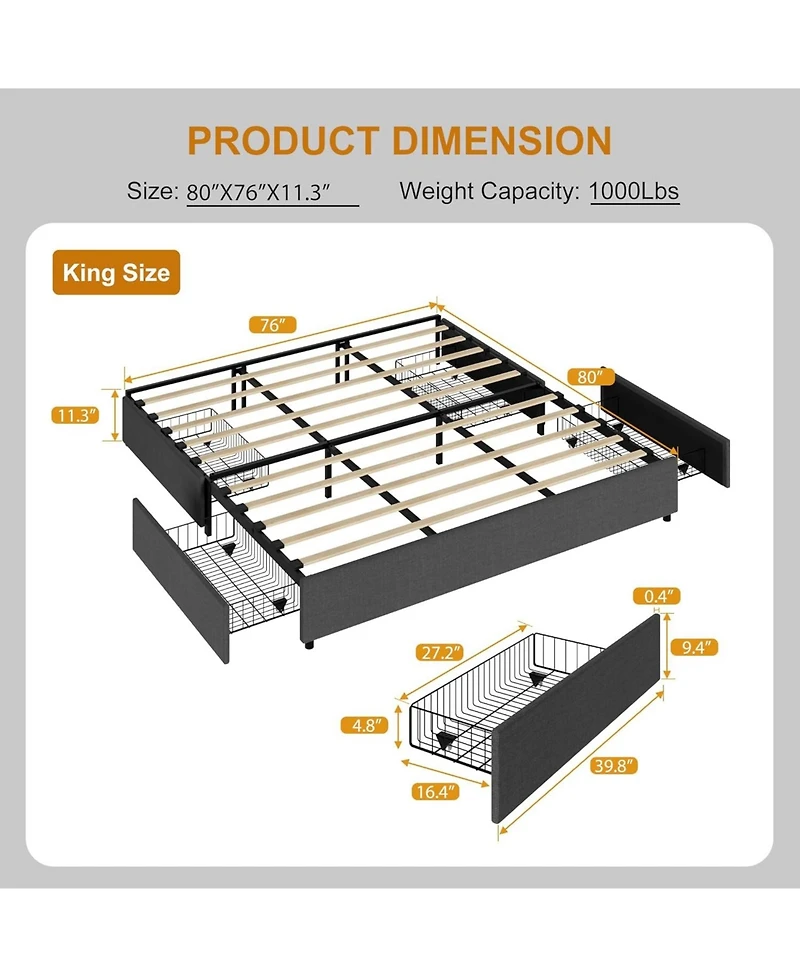 Gaomon Platform Bed Frame, Fabric Upholstered with 4 Storage Drawers, No Box Spring Needed, Wooden Slats Support, Noise Free