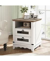 gaomon Industrial Farmhouse End Table with Charging Station, 2 Drawer Bedside Nightstand with Open Cubby