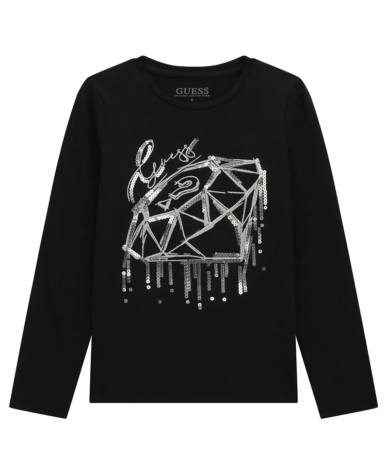 Guess Girls' 7-16 Long-Sleeve Rhinestone-Embellished Logo T-Shirt