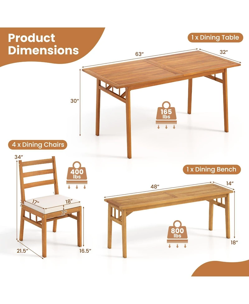 Gymax 6PCS Patio Acacia Wood Dining Set w/Bench 1.97'' Umbrella Hole Cushions for Yard
