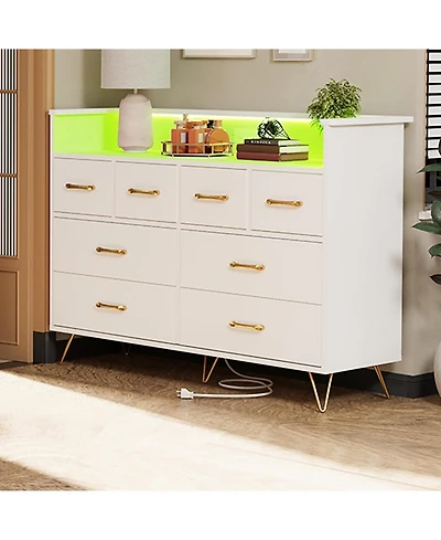 gaomon 8 Drawer Dresser with Charging Station and Rgb Lights, Wide Bedroom Chest with Outlets and Usb