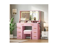 gaomon 42" Led Makeup Vanity Desk with Large Mirror, 8 Drawers & Charging Station, Modern Dressing Table Glass Top, Storage Stool