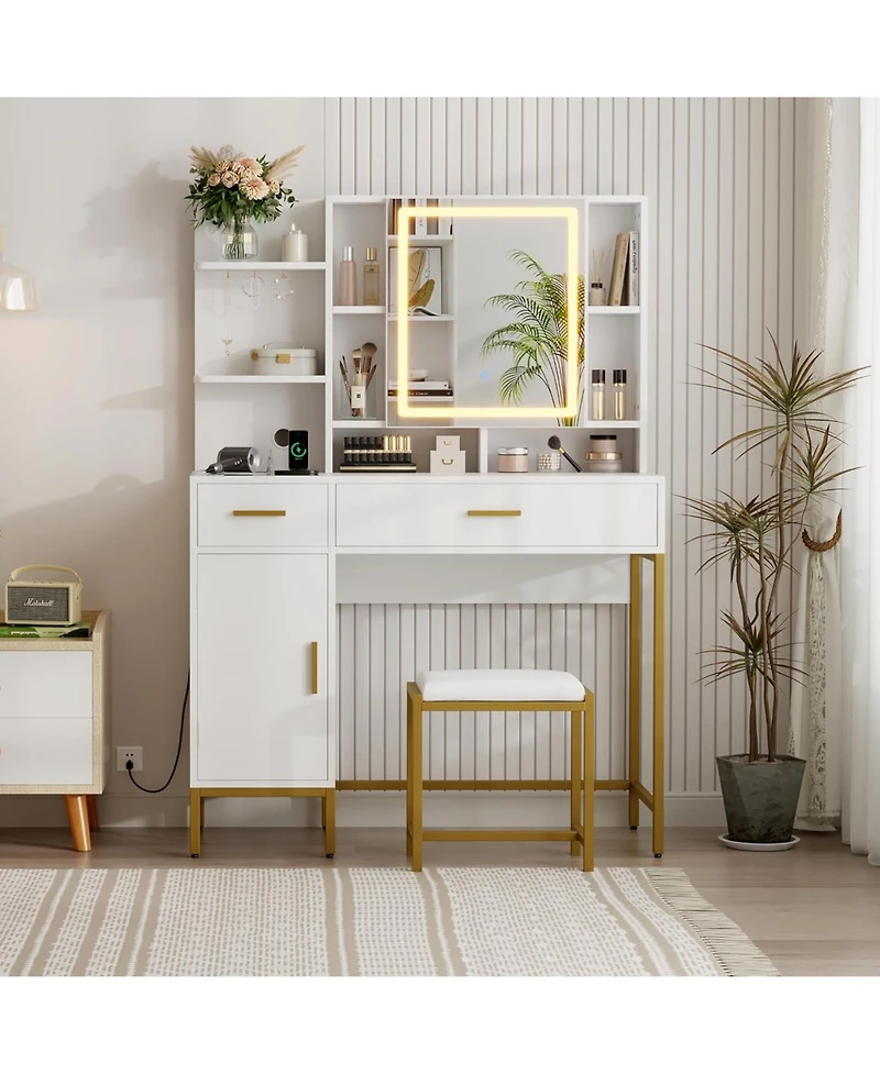 gaomon Vanity Desk with Lighted Mirror and Power Outlet - Makeup Table with 2 Drawers