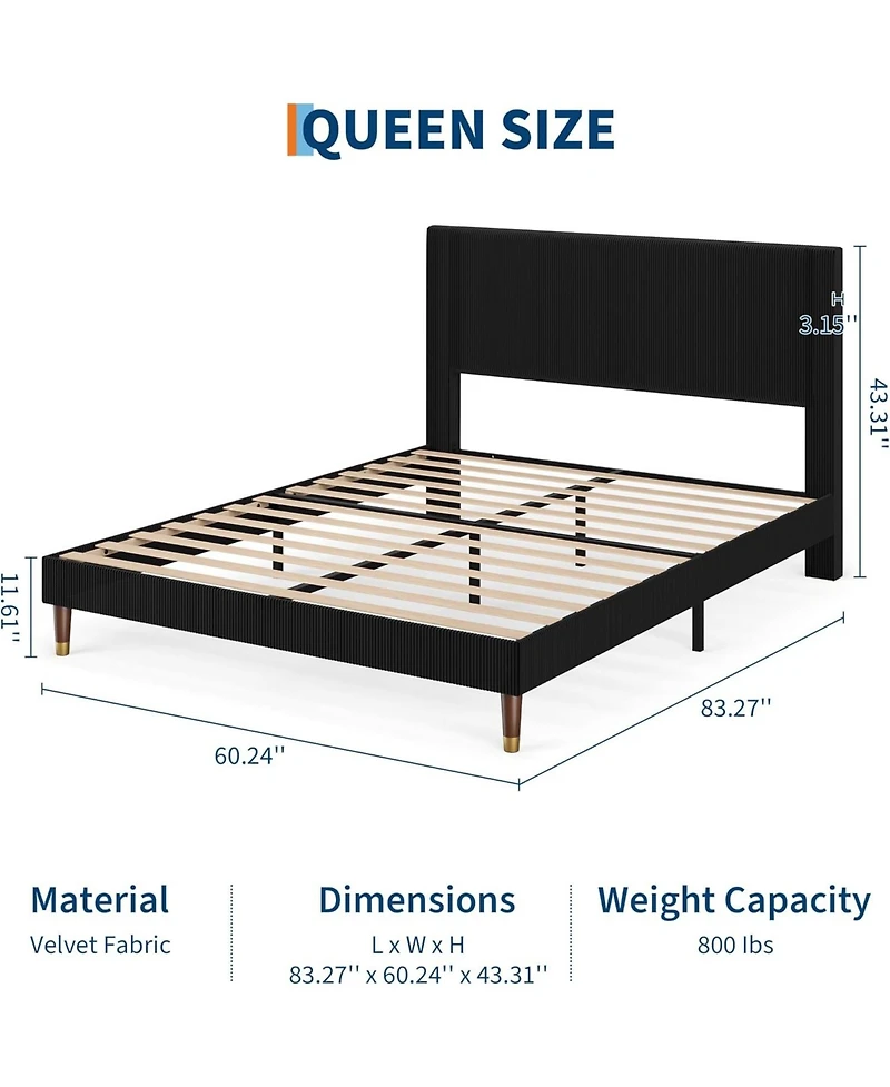 gaomon Queen Corduroy Upholstered Platform Bed Frame with Headboard, Wooden Slats, Noise-Free Design, No Box Spring