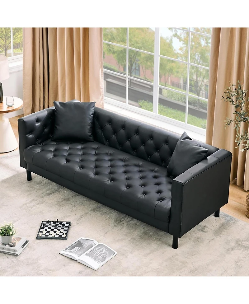 gaomon 78" Leather Couch, Handmade Button Tufted 3 Seater Chesterfield Sofa with Deep Seat and 2 Pillows for Living Room or Apartment