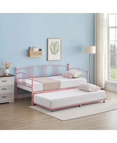 gaomon Twin Metal Daybed with Pullout Trundle, 6 Casters, Steel Slat Support Sofa Bed, No Box Spring Needed, Pink Daybed for Living Room, Bedroom