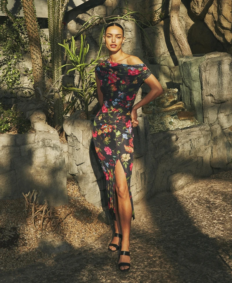 Vince Camuto Women's Printed Mesh Asymmetrical Neckline Bodycon Dress