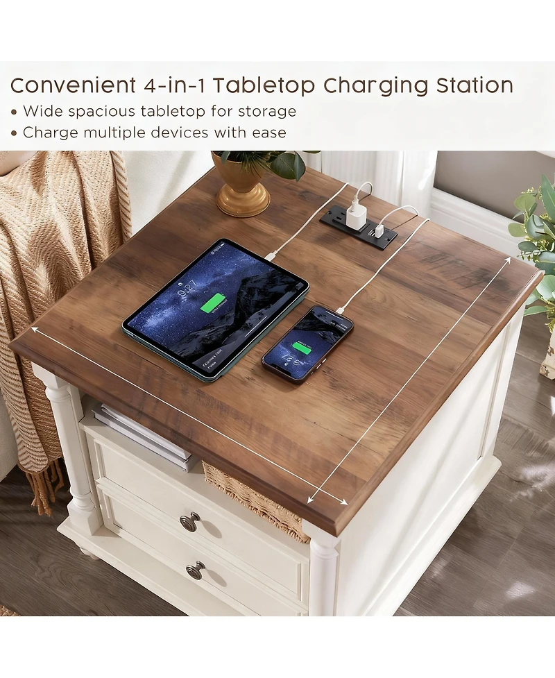 Yigii 24" Rustic Square Nightstand with Charging Station for Bedroom/Living Room