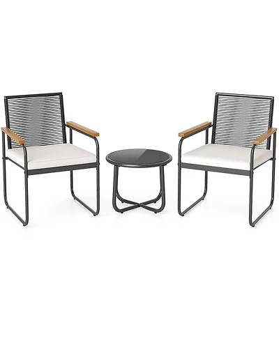 Gymax 3 Pieces Patio Furniture Set Pe Wicker Chairs & Side Table w/Armrests Padded Cushions