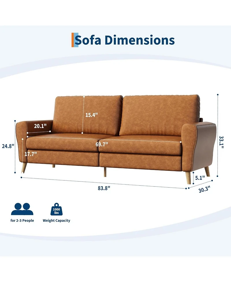 gaomon 84" Sofa, 3 Seater Couch for Living Room, Modern Loveseat, Pu Leather Sofa with Deep Seats and Wide Armrests, Wood Legs, Easy Assembly