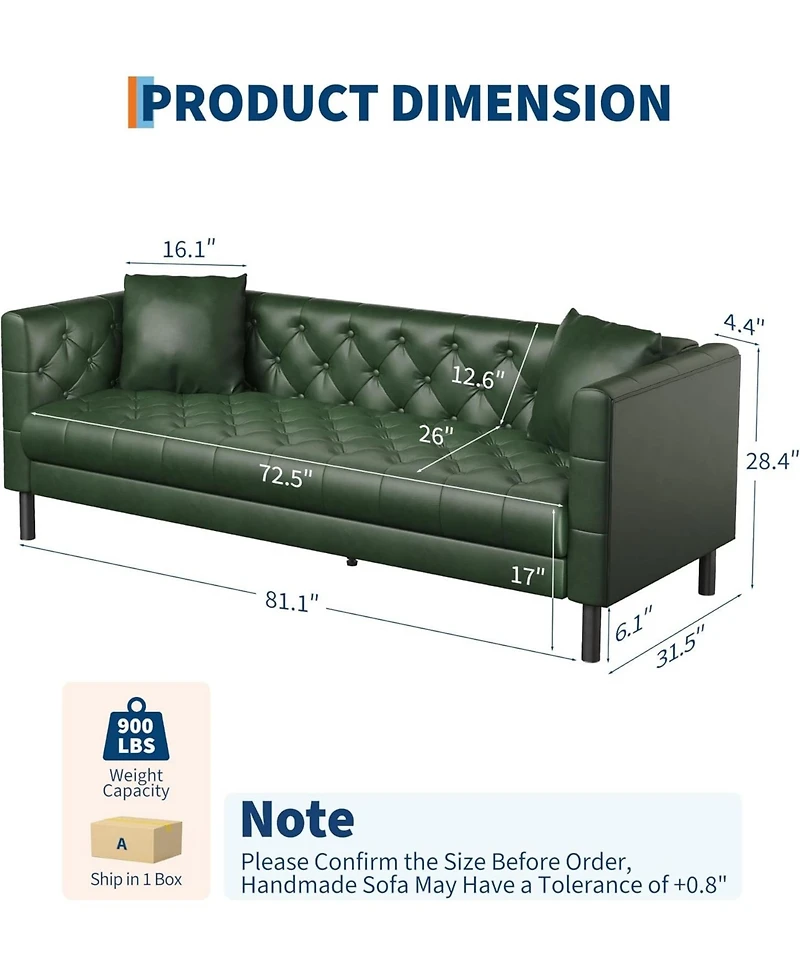 gaomon Leather Couch, Handmade Button Tufted 3 Seater Sofa, Chesterfield Sofa with Deep Seat and 2 Pillows, Leather Sofa for Living Room Apartment