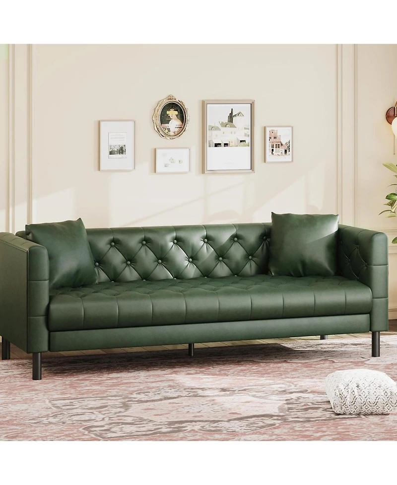 gaomon Leather Couch, Handmade Button Tufted 3 Seater Sofa, Chesterfield Sofa with Deep Seat and 2 Pillows, Leather Sofa for Living Room Apartment