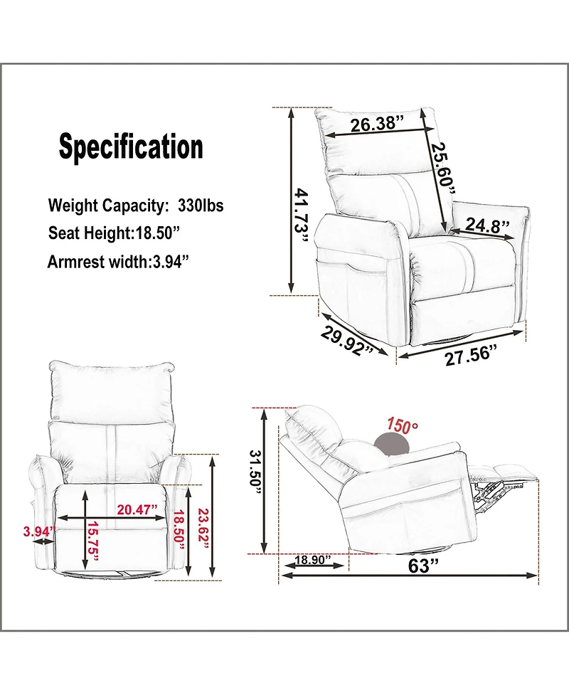 Clihome 270° Swivel Power Recliner Chair with Usb Charging,Overstuffed Rocking Recliner,Pu Glider for Living