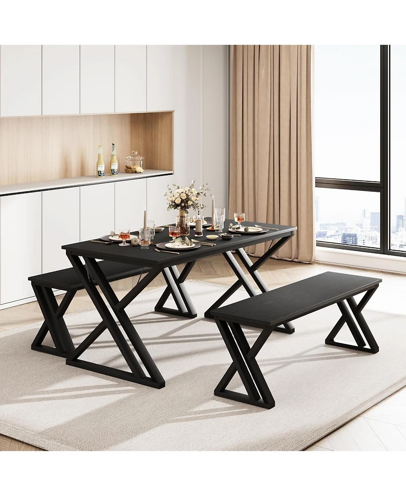 gaomon 3-Piece Dining Table Set for 4 Dining Table Set with Bench Wood Kitchen Table Set with Metal Frame Dining Room Dinette Sets.