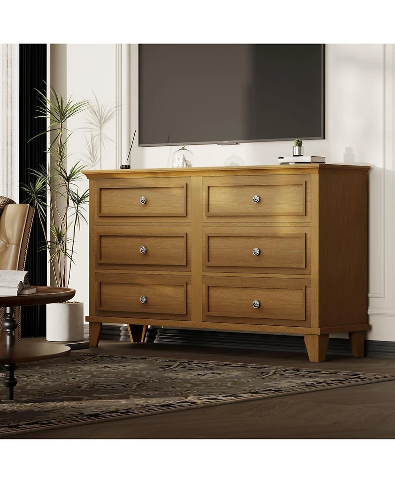 gaomon 6 Drawer Brown Dresser, Modern Wooden Chest with Metal Handles for Bedroom Living Room Home Office