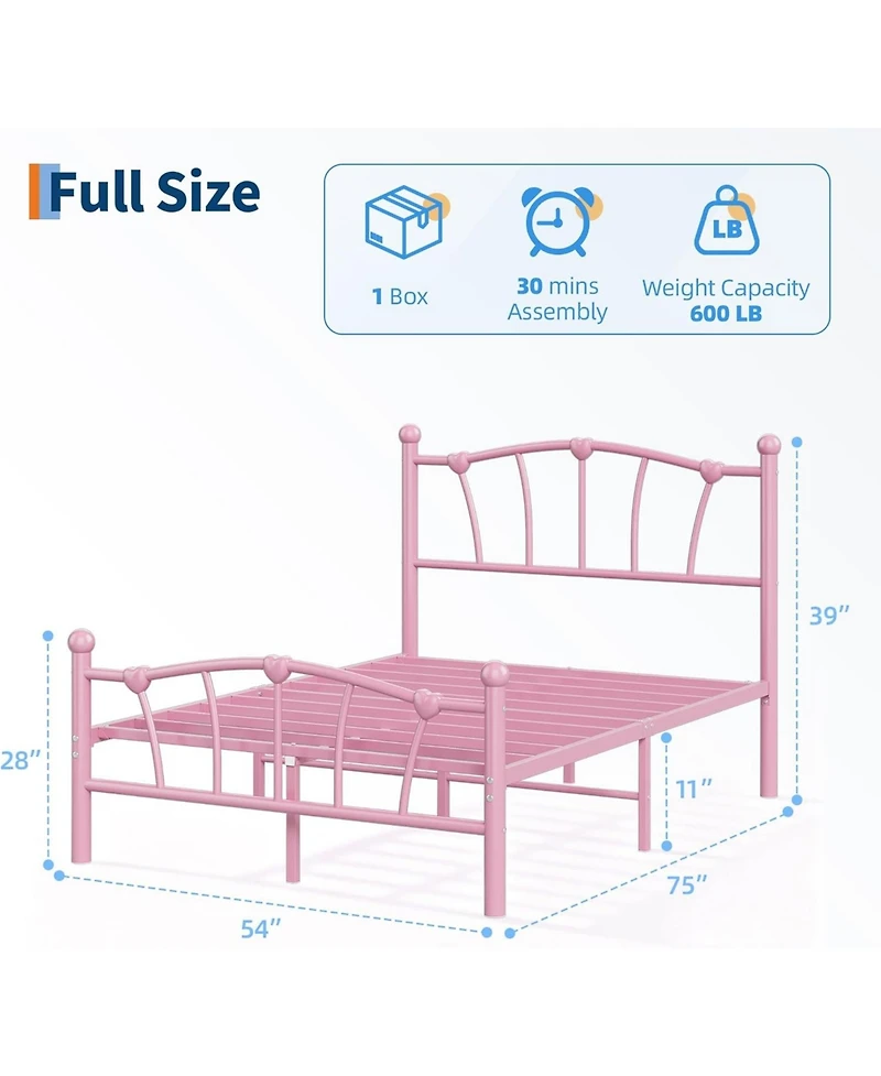 gaomon Full Kids Bed Frame with Headboard & Footboard, Heart-Shaped Metal Platform Bed, Strong Steel Slats, Noise-Free, No Box Spring