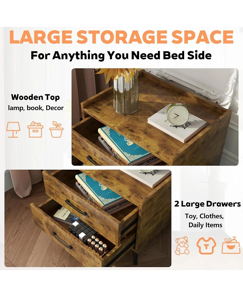 Rainsken Retro Nightstand, Minimalist End Side Table, Bedside Table with 2 Drawers and Metal Legs, Essential Bedroom Furniture