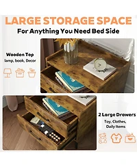 Rainsken Retro Nightstand, Minimalist End Side Table, Bedside Table with 2 Drawers and Metal Legs, Essential Bedroom Furniture