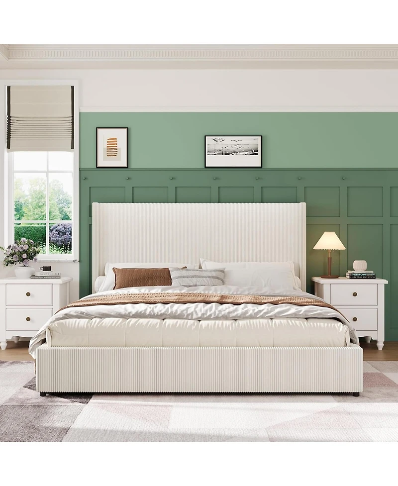 gaomon King Bed Frame with Storage Drawers, Corduroy Upholstered Platform Wingback, Tufted Headboard and Footboard