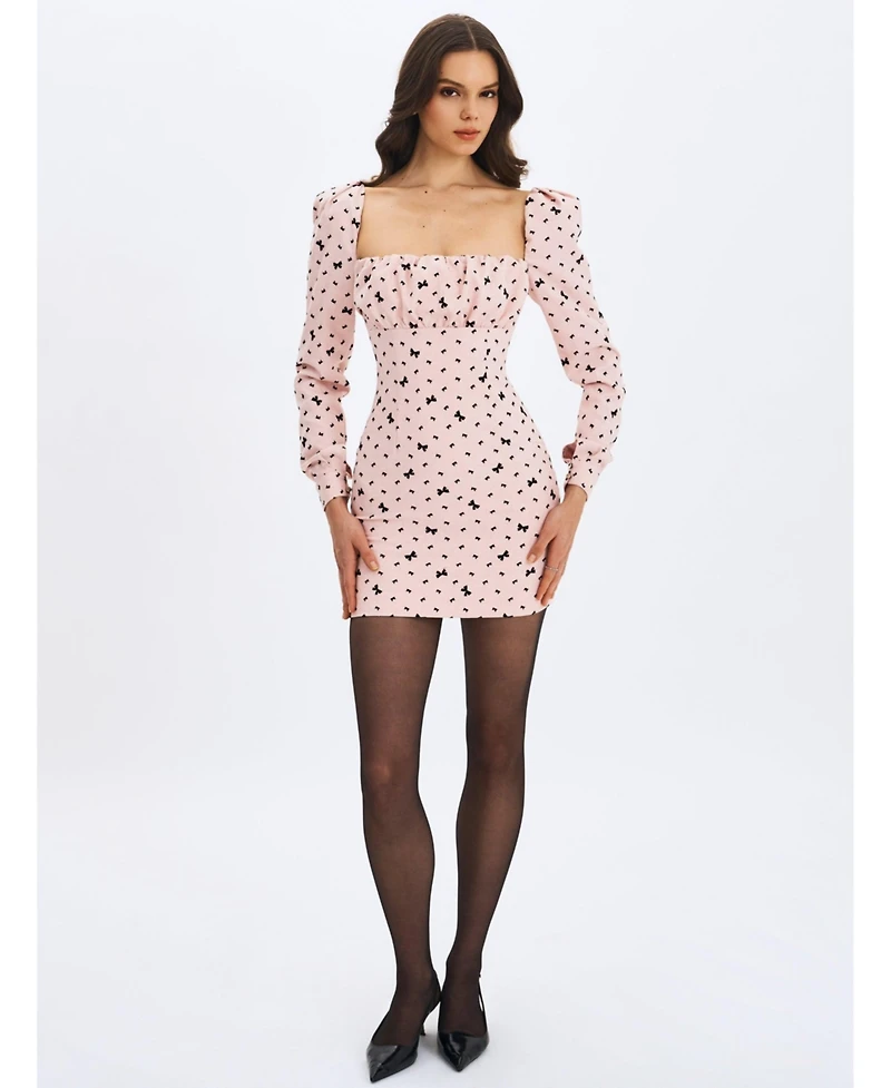 Miss Circle Women's Perla Baby ruched Bust Velvet-Embossed Bow Mini Dress