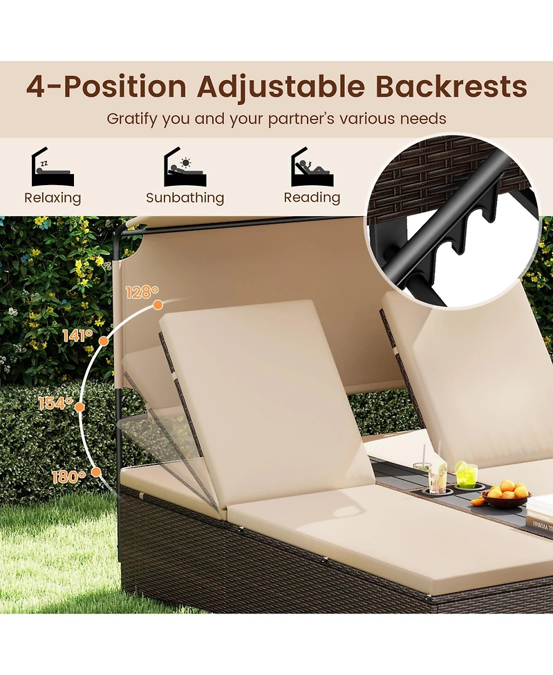 Gymax Daybed w/ Adjustable Backrests 2-Person Pe Rattan Patio Bed w/ Canopy Outdoor
