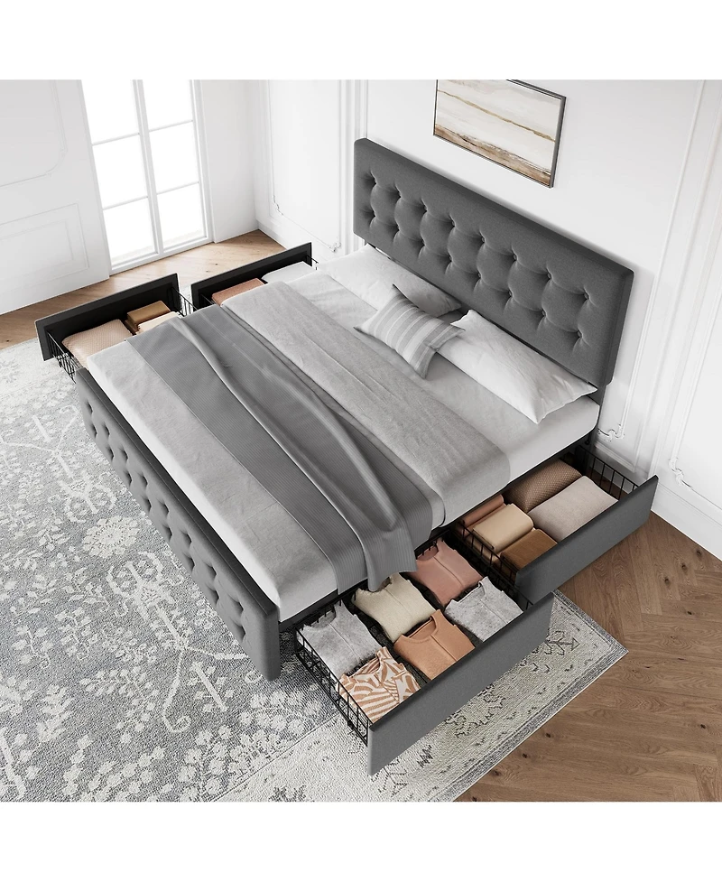 gaomon King Bed Frame with Headboard and 4 Storage Drawers, Square Stitched Button Tufted Platform