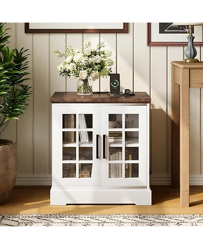 gaomon 24 Inch Farmhouse Nightstand, Tempered Glass Door End Table with Charging Station & Adjustable Shelf