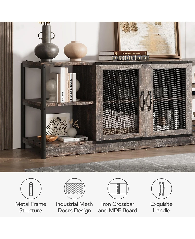 Farmhouse Tv Stand for 65+ Inch TVs, Media Stand with Mesh Door & Storage Shelves