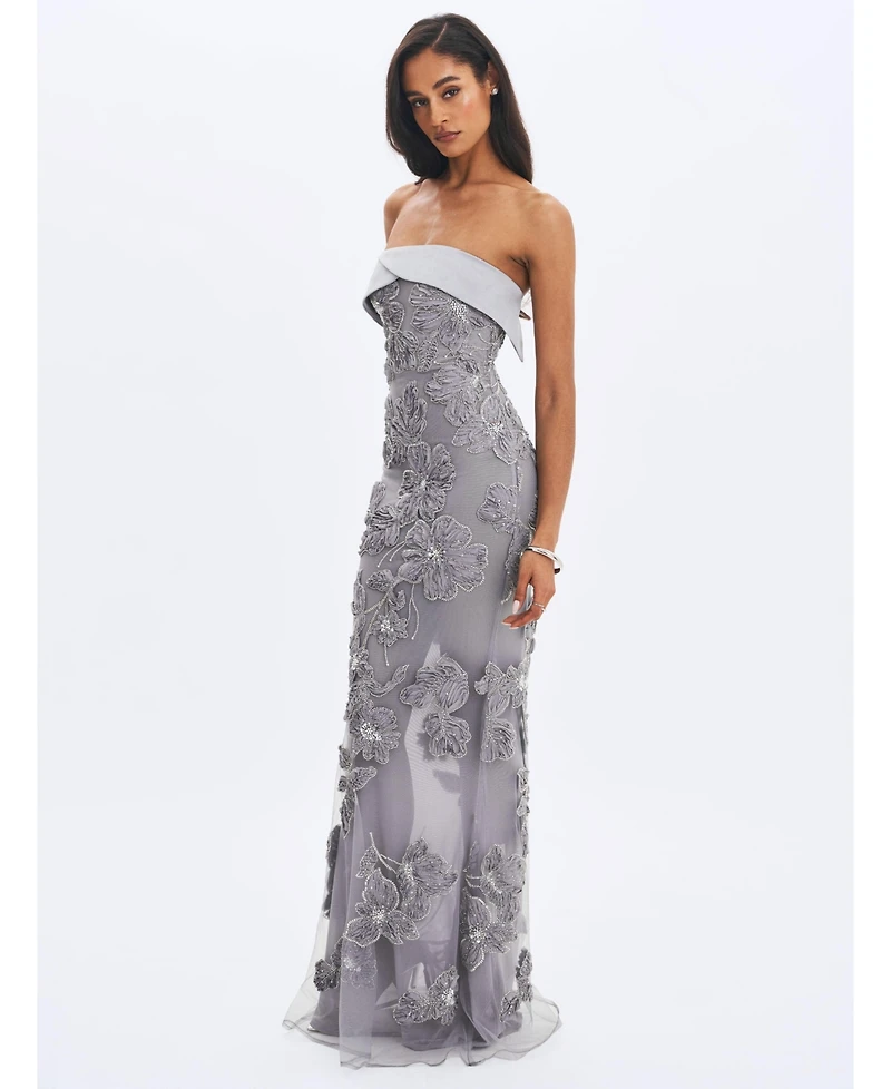 Miss Circle Women's Raphaela Silver Beaded Floral Strapless Mermaid Maxi Dress