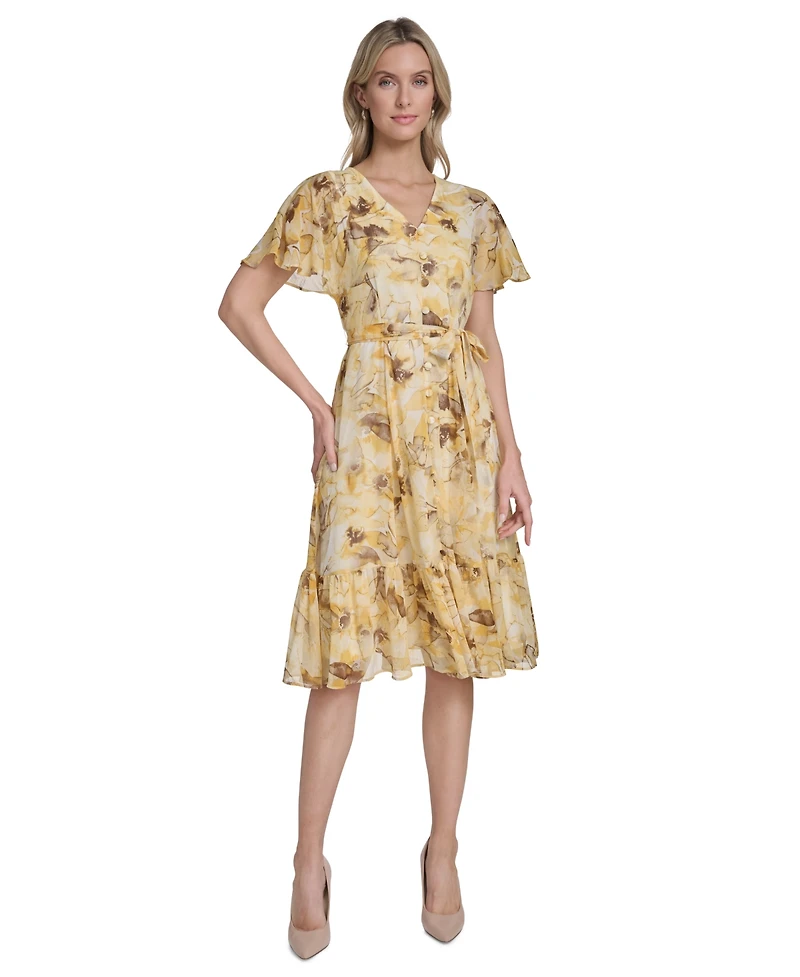 Calvin Klein Women's Flutter-Sleeve Floral Print Midi Dress