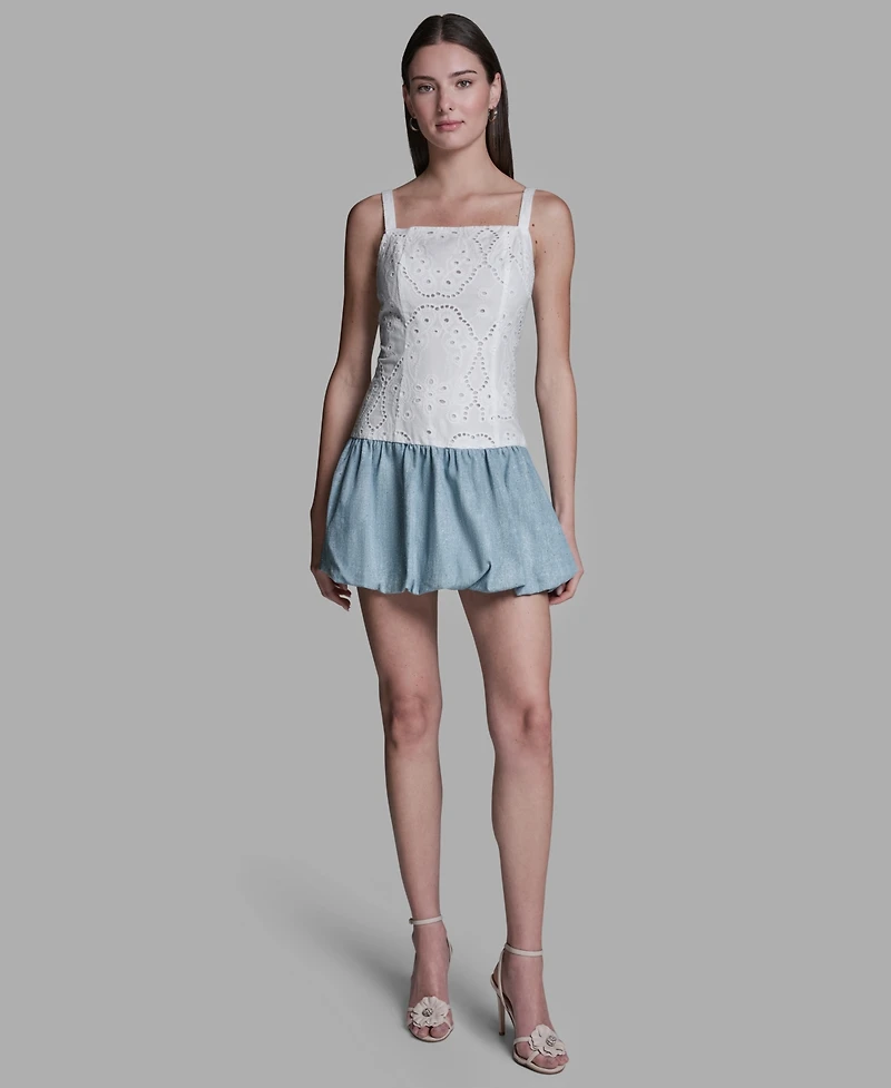 Bcbg Women's Eyelet Detail Sleeveless Square Neck Bubble Hem Mini Dress