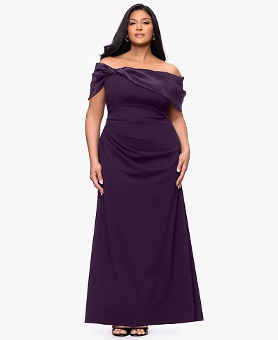 Betsy & Adam Plus Ruched Off-the-Shoulder Ball Gown