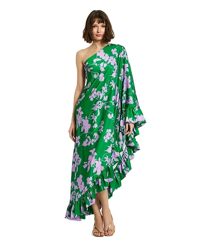 Mac Duggal Women's Floral Charmeuse One Shoulder Draped Gown