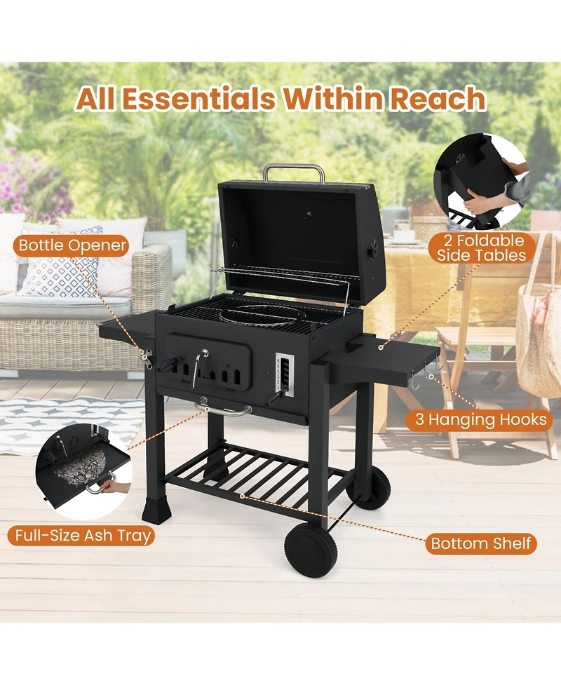 Ecooso 24-Inch Barrel Charcoal Grill with 2 Folding Side Tables and 544 sq.in Cooking Area