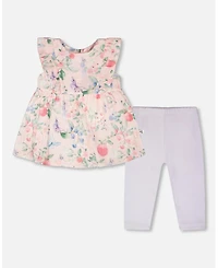 Deux par Baby Girls Cotton Muslin Tunic and Rib Jersey Leggings Set Printed Berries Lilac