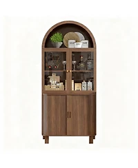 Yigii Arched Kitchen Pantry Cabinet with Adjustable Shelves and Tempered Glass Doors