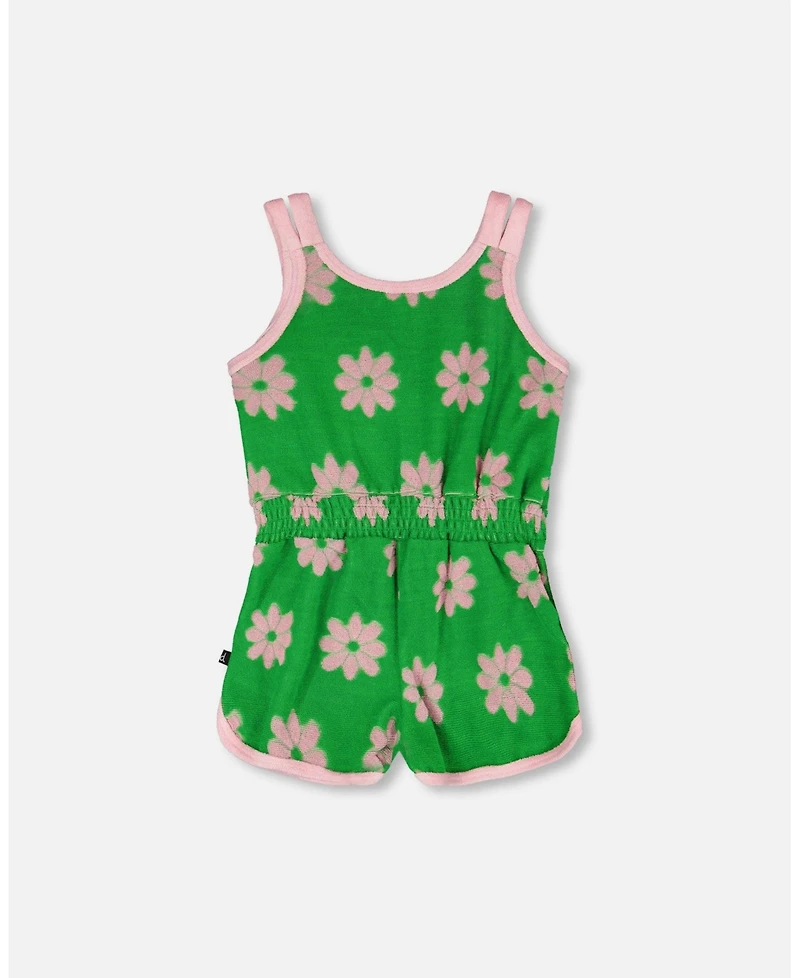 Deux par Big Girls Terry Cloth Sleeveless Jumpsuit Green Printed Flowers