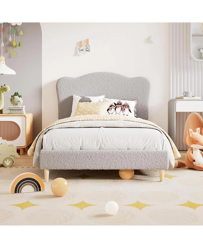 gaomon Upholstered Twin Size Bed Frame for Kids with Scallop Headboard, Cute Velvet Twin Bed for Girls, Boys, Sturdy Platform Bed