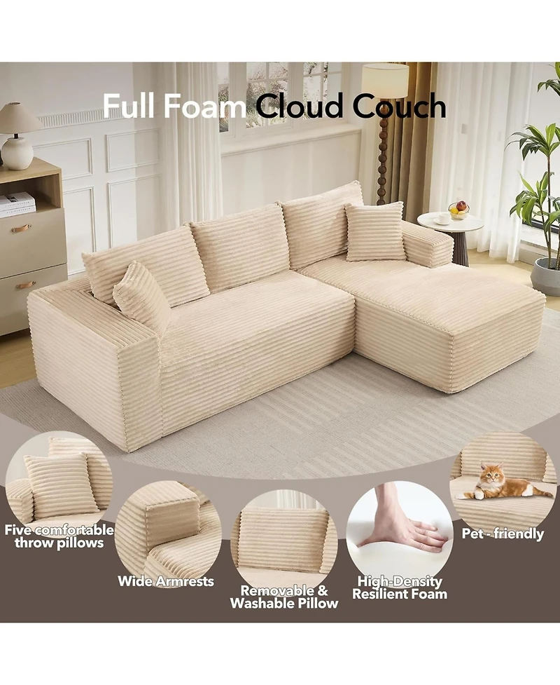 gaomon Boneless Sectional Cloud Couches for Living Room L-Shape Corduroy Cloud Sectional Couch with Chaise Modern Modular Sectional Sofa