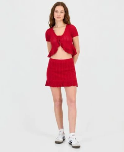 Ultra Flirt Juniors Crochet Ruffled Trim Cardigan Mini Skirt