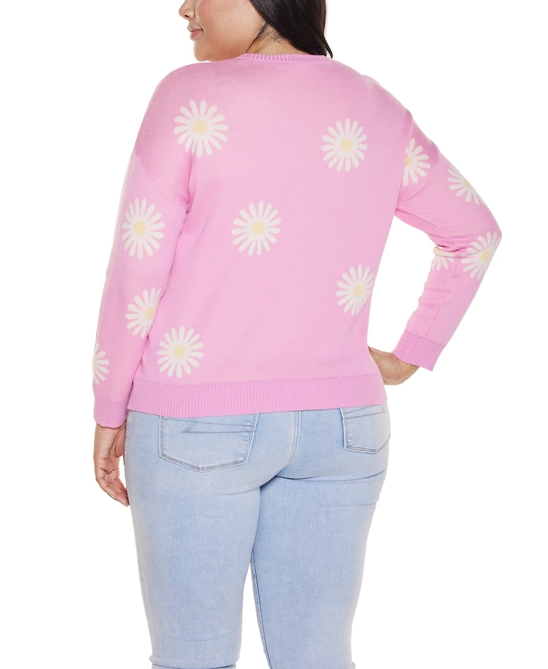 Belldini Plus Jacquard-Flower Crew Neck Sweater