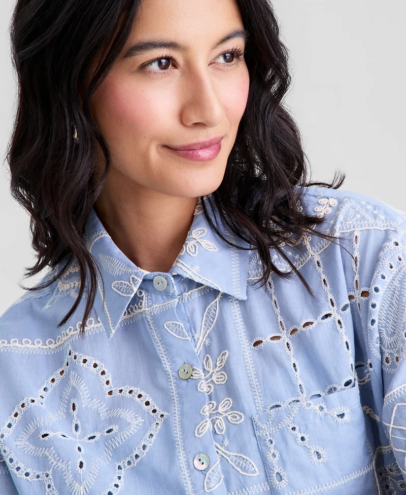 And Now This Women's Cotton Patchwork-Embroidered Camp Shirt, Macy's Exclusive