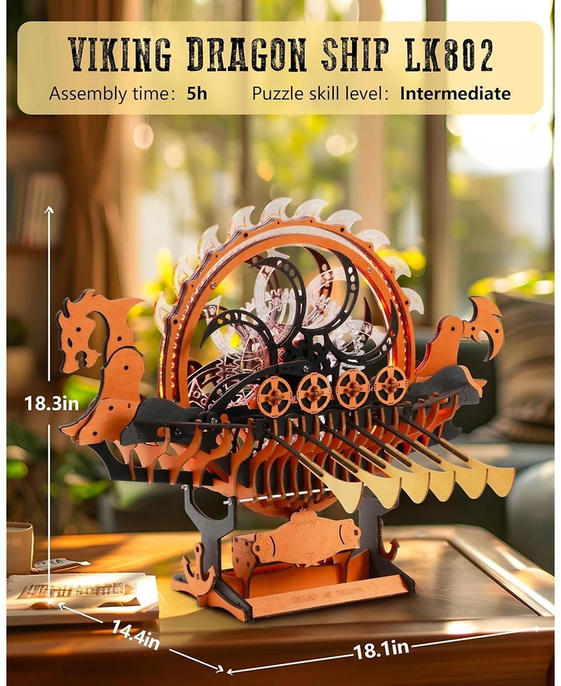 Robotime LK802 Viking Dragon Ship Mechanical Wooden Puzzles, 229 Pieces 3D Puzzles for Adults, Crafts for Adults Hobby Building Kit
