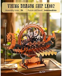Robotime LK802 Viking Dragon Ship Mechanical Wooden Puzzles, 229 Pieces 3D Puzzles for Adults, Crafts for Adults Hobby Building Kit
