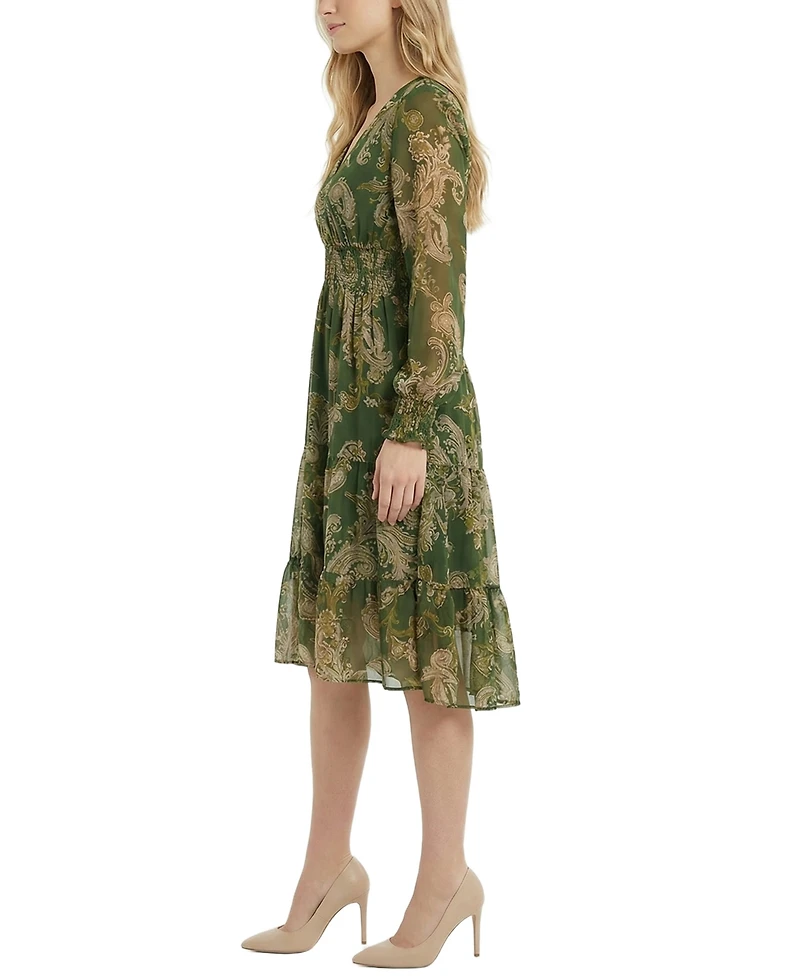 Ny Collection Petite Long Sleeve Clip Dot Chiffon Dress With Smocked Waist and Cuffs