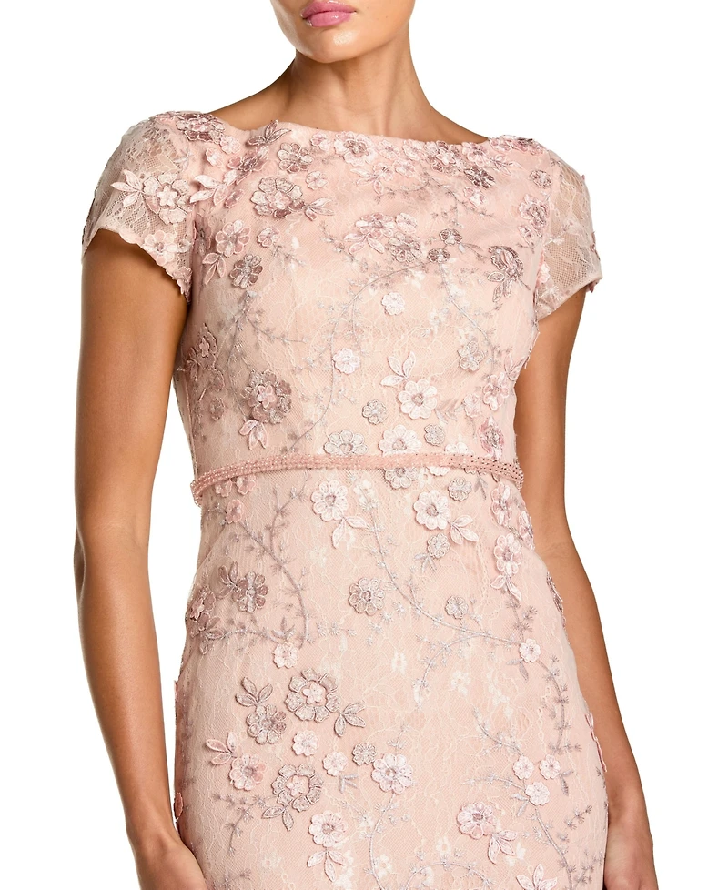 Women's Floral Applique Boat Neck Short Sleeve Gown