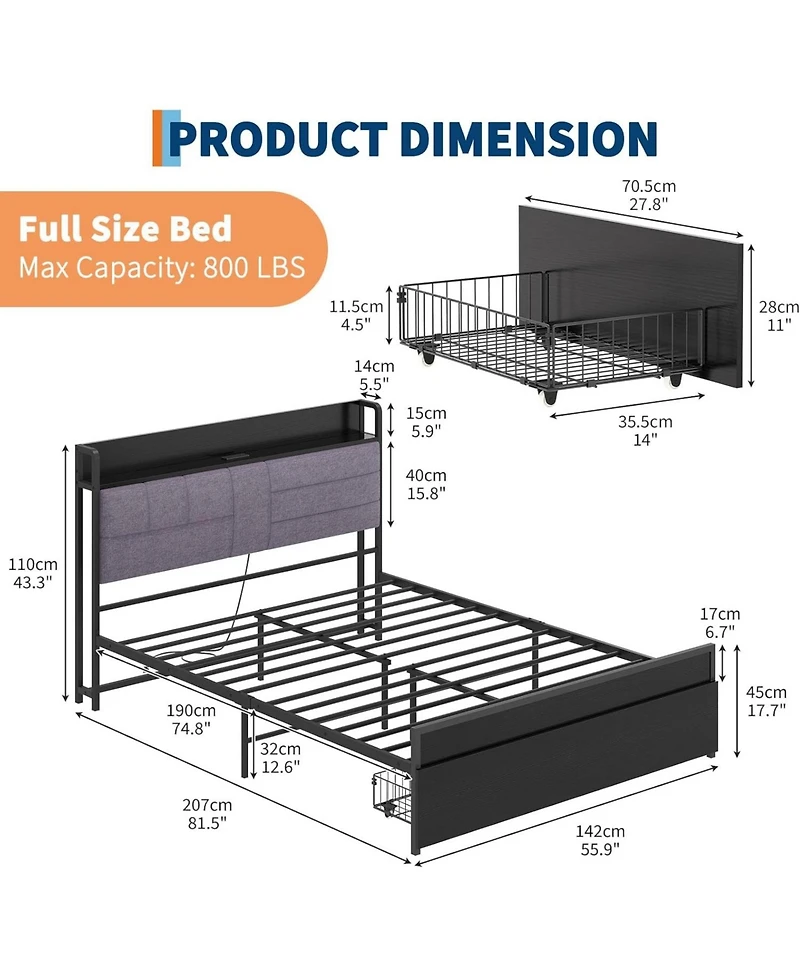 gaomon Full Bed Frame with Headboard, Black Platform Bed Frame with Storage, Heavy Duty Bed Frames with 2 Storage Drawers,Bedframe with Charging