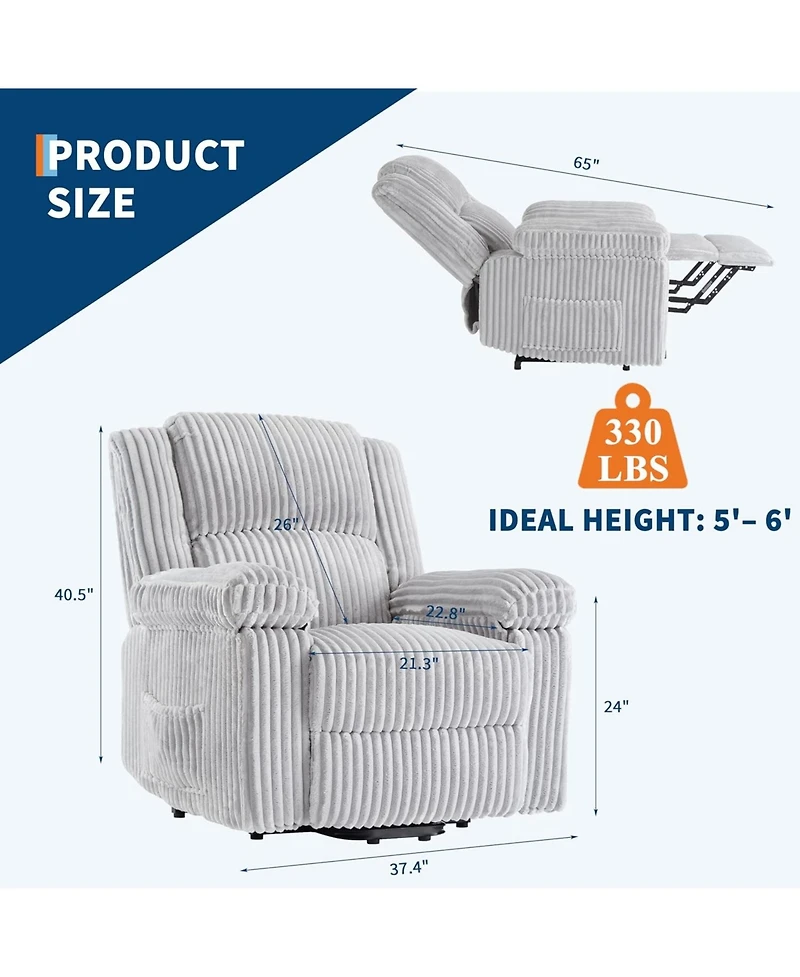 gaomon Corduroy Recliner Chair, Manual Recliner Sofa with Handle, Pillow Top Arms, Thick Padding