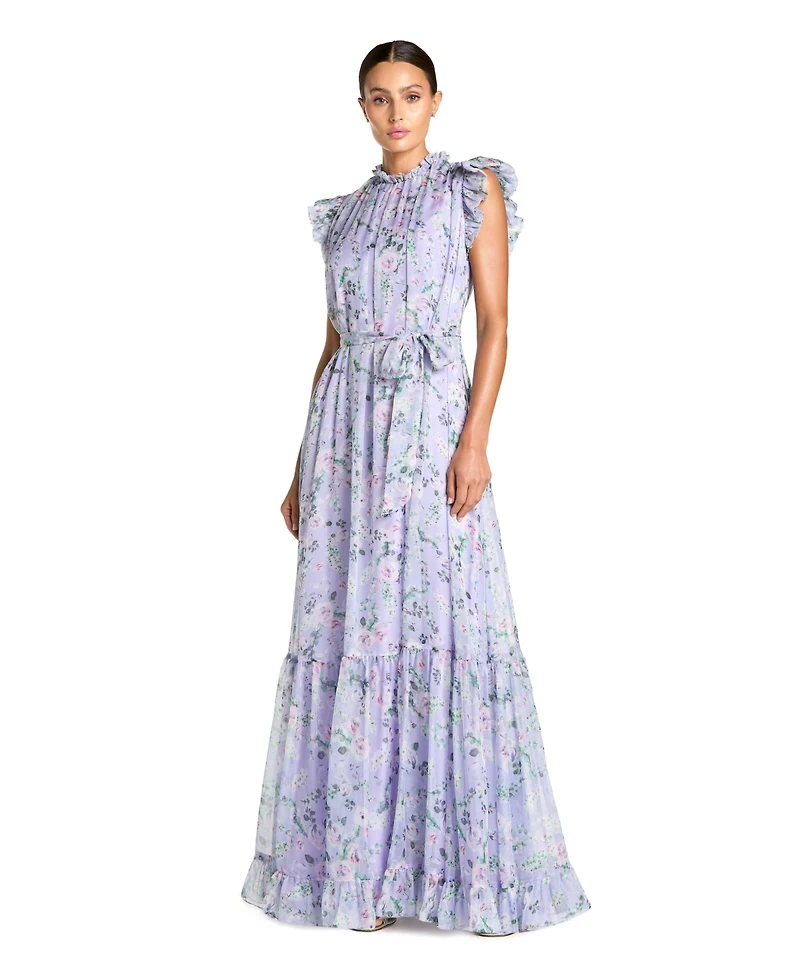 Mac Duggal Women's Printed Chiffon Ruffle Sleeve Gown With Bow Belt