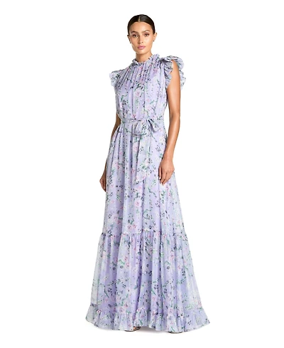 Mac Duggal Women's Printed Chiffon Ruffle Sleeve Gown With Bow Belt